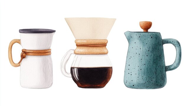 Elegant watercolor depicting a pour over coffee brewing set including a dripper kettle and white background  This image captures the minimalist calming and cozy atmosphere of the coffee process