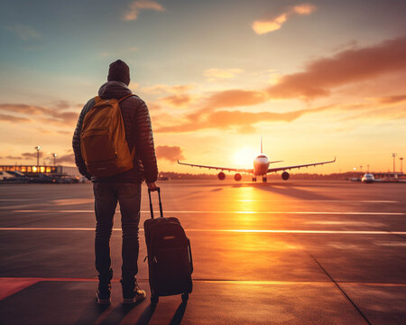 A traveler stands with a suitcase at an airport during sunset, gazing at a departing airplane ready for adventure. - Powered by Adobe