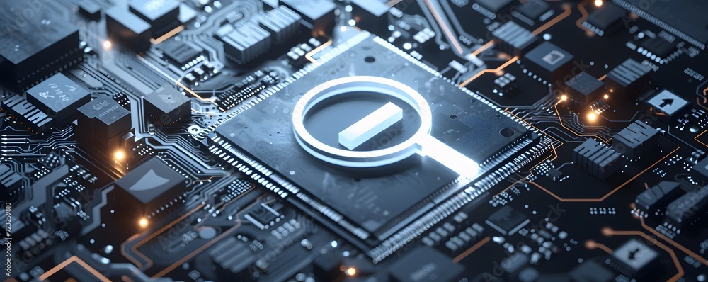 Poster a white search icon embedded in a circuit board