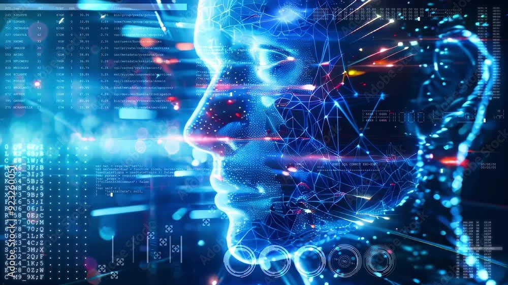 Poster a futuristic composition with human and digital components. artificial intelligence concept.