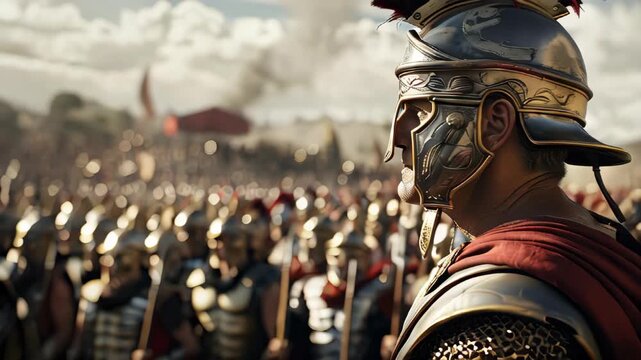 A cinematic still of Roman soldiers on the battlefield