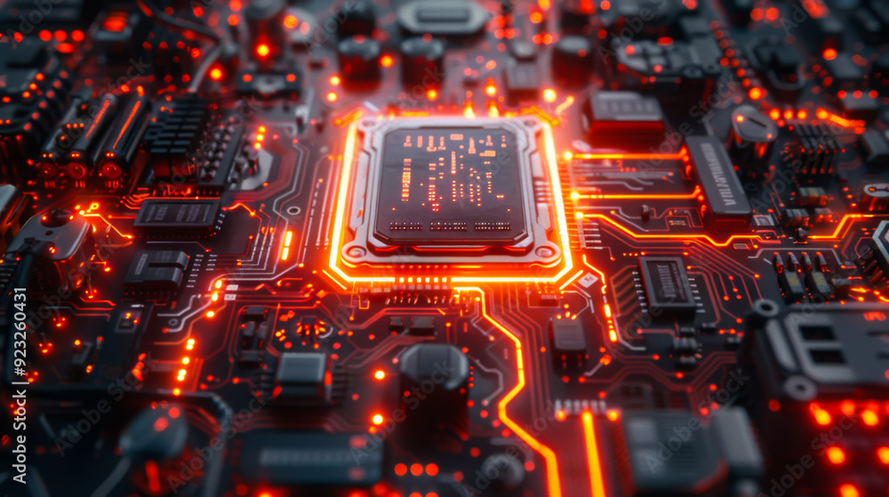 Poster a modern digitalized chip inside the board. mechanism for implementation into the device. technology