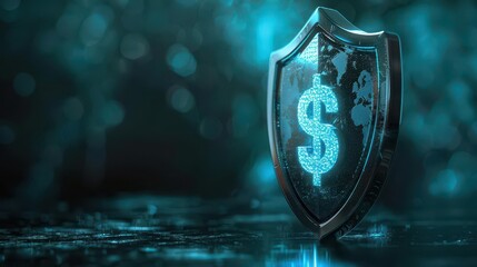 Fototapeta premium A futuristic shield featuring a dollar symbol, representing digital security and financial protection in a tech-driven world.