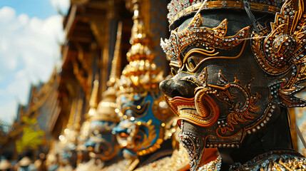 Fototapeta premium Giants that are jewelry decorated with gold and stain glass Thai style standing next to a church in a Thai temple
