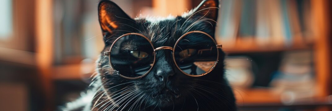 Black cat with round sunglasses perched on a table, showcasing an intriguing reflection in the lenses.