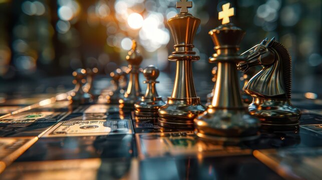 A captivating close-up of golden chess pieces on a board, captured in soft light, perfect for strategic game themes and competition.