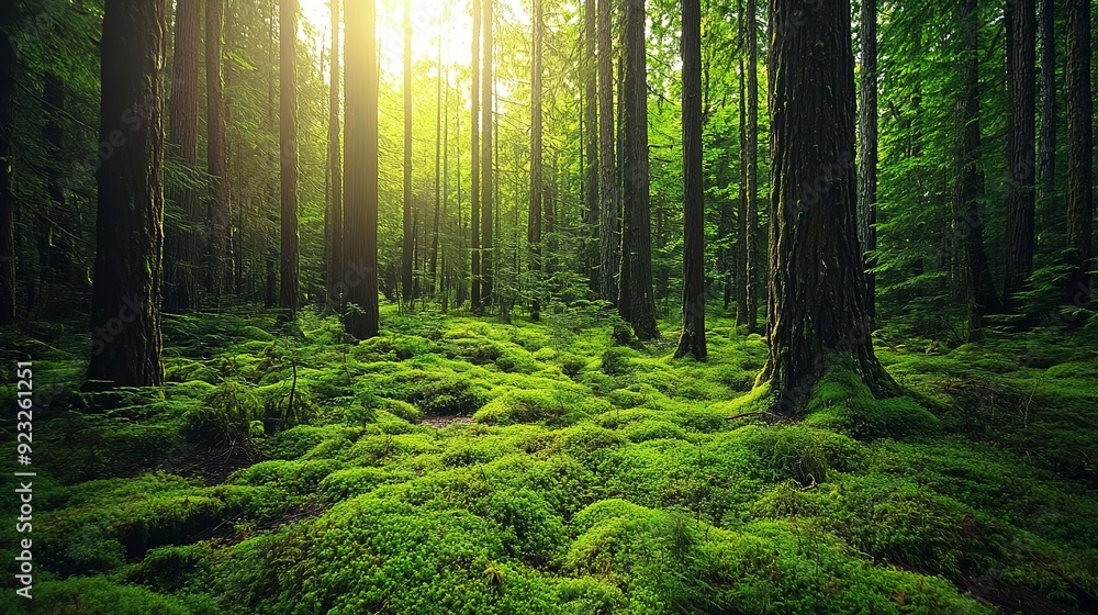 Wall mural canadian rain forest beautiful view of fresh green trees in the woods with moss taken in golden ears