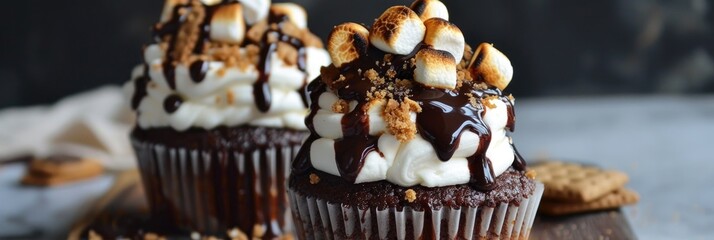 Graham cracker cupcakes topped with toasted marshmallows and chocolate syrup