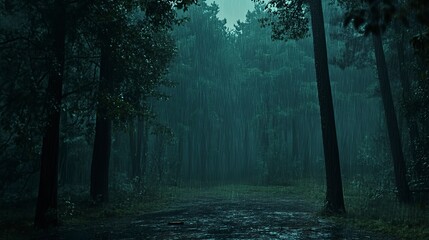 A cinematic style wide shot of a rainy forest night, showcasing the mysterious and moody atmosphere of the environment. Suitable for nature, weather, and travel-related concepts.