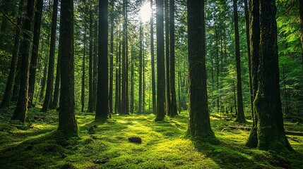 Obraz premium canadian rain forest beautiful view of fresh green trees in the woods with moss taken in golden ears provincial park near vancouver british columbia canada panorama nature background