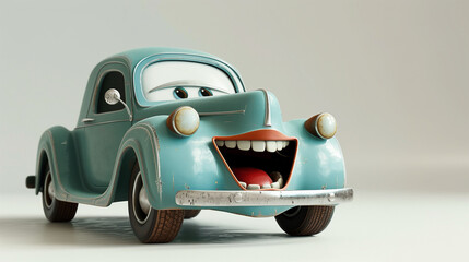 3D cartoon, a happy, smiling vintage car with an open mouth