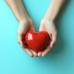 Fototapeta premium Hands Cradling Red Heart Symbol of Love and Care