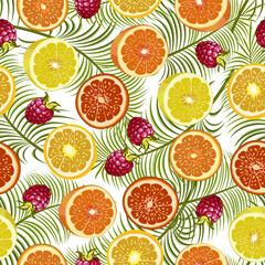 Slices of citrus fruits on palm leaves.Colored vector pattern with lemon and orange slices on palm leaves.
