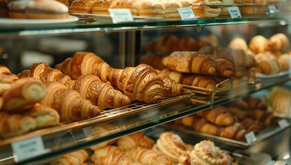 A glass display case filled with an assortment of croissants