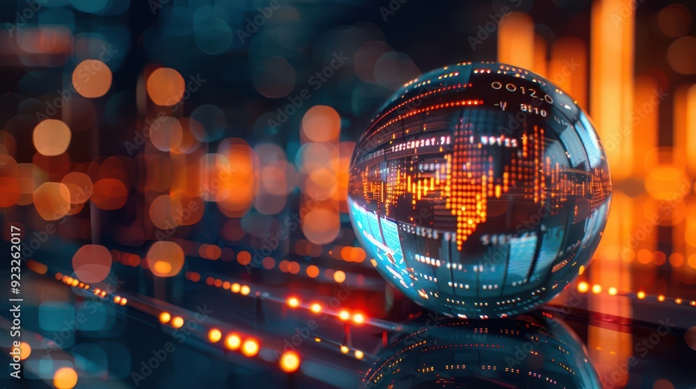 Poster futuristic digital globe displaying data and analytics in vibrant colors, symbolizing global technol