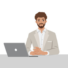 Young bearded businessman with business plan. Flat vector illustration isolated on white background
