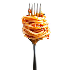 Appetizing spaghetti rolled on fork with typical Italian sauce isolated on transparent or white background