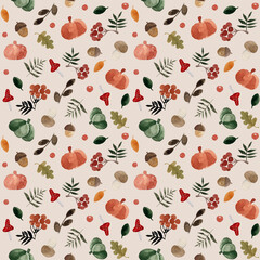 Watercolor seamless pattern of autumn elements.Hand drawn fall items isolated on light background.