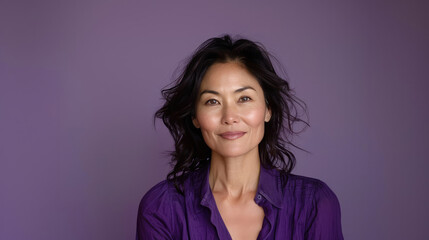 Fototapeta premium An engaging mature woman with a vivacious expression poses against a purple backdrop
