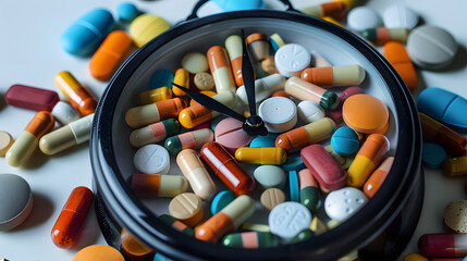 Colorful nutritional supplements displayed on a black alarm clock face with a white background for a feminine beauty blog Female health idea