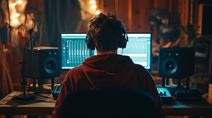 A podcaster enjoying a relaxed recording session in a cozy home studio.