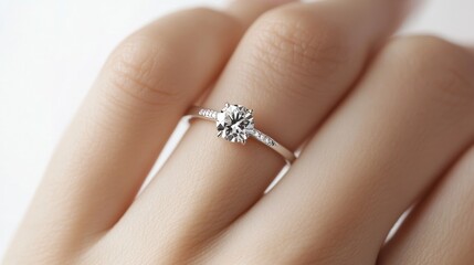 Obraz premium A woman's hand wearing a white gold ring with a large round diamond on the left finger. The white background and the subtle sparkle emphasize the elegance and simplicity of the jewelry.