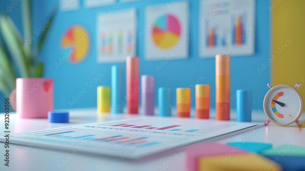 Poster colorful workspace featuring charts, graphs, and colorful bar patterns, ideal for business and analy