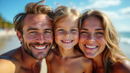 Fototapeta premium A cheerful young family of three smiles brightly for a close-up beach selfie, showcasing a perfect sunlit day filled with joy, warmth, and togetherness by the seaside.