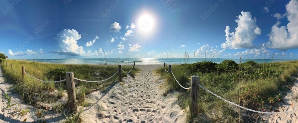Wall mural beautiful path leading to the beach, white rope and wood fence with green grass on both sides, blue 