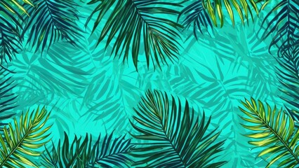 Tropical palm fronds encircle a bright turquoise background, creating a lively, exotic border for summer vibes