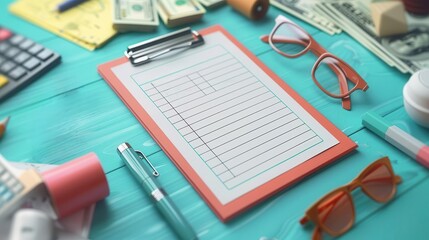 A vibrant workspace featuring a clipboard, glasses, money, and stationery on a teal background, ideal for business and finance themes.