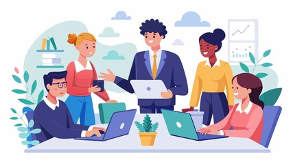 A corporate team and manager working together in a meeting. Their focused energy signifies a collaborative effort, ideas are exchanged and strategies are formulated to propel the business forward.