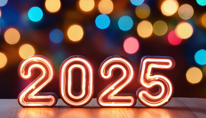 Neon sign showing 2025 with christmas tree lights reflecting on the table