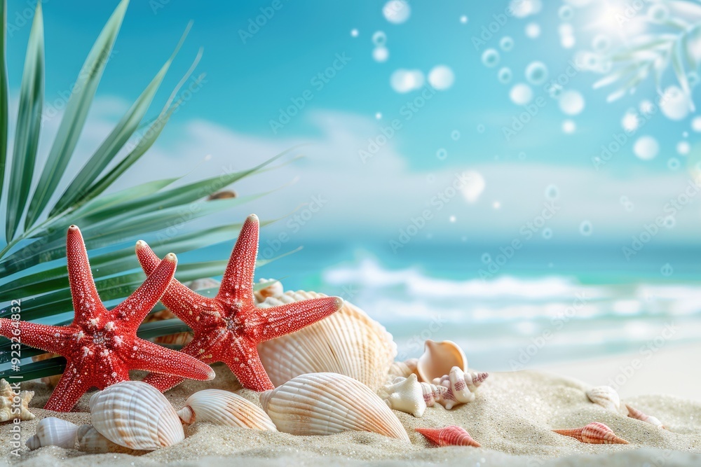 Wall mural a starfish and seashells on the beach with palm leaves, sunlight shining through . generative ai