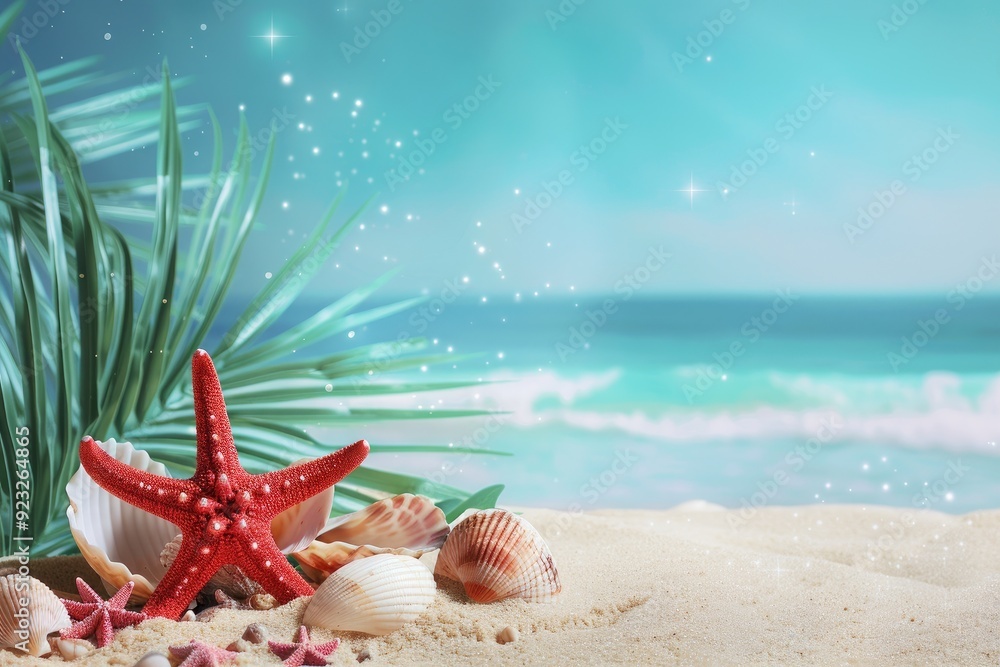 Wall mural a starfish and seashells on the beach with palm leaves, sunlight shining through . generative ai