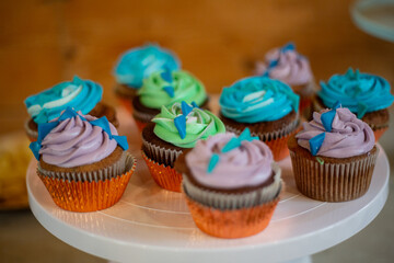 Colorful beautiful tasty muffins close up still