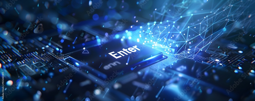 Poster illuminated enter key on a blue circuit board with a network of lines