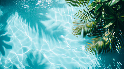 Top view of a blue calm and clear calm water surface, water texture with ripples and shadow of palm leafs, Zen and relaxing background, summer concept