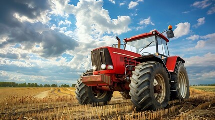 Obraz premium Agricultural tractor working in the field at sunset background 