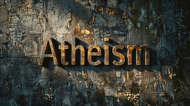 Dark, grungy background with old, rusty types forming the word atheism in 3d rendering