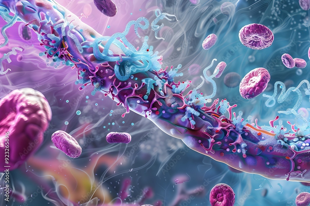 Poster abstract microscopic view of cells and bacteria.