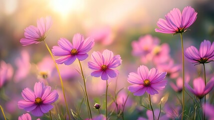 Pink cosmos flowers in a field. The vibrant pink flowers are perfect for representing growth, beauty, and delicate nature.