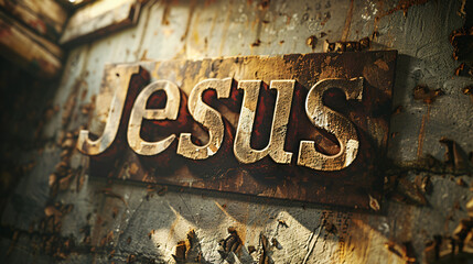 Rusty metal type spelling the name of jesus christ in a vintage letterpress tray
