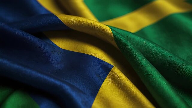 Close-Up of Flag with Green Field, Blue Disc, and Yellow Diamond Shape. Visible Fabric Textures Reflect High Material Quality. Inspired by Brazilian Flag Symbolizing National Identity.