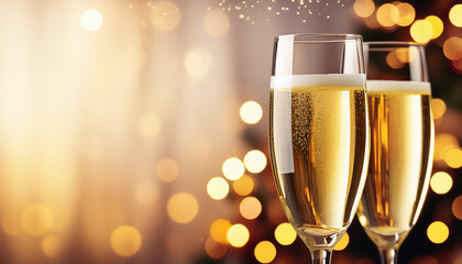 Two glasses of champagne at new year party, copyspace on a side, blurred background