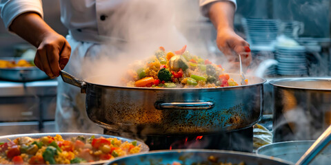 A chef in a professional kitchen preparing quinoa with fresh vegetables and spices in a large pot, colorful ingredients visible, with steam rising and focus on the chef's hands working.