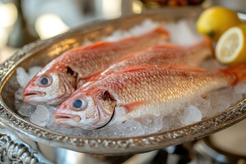 Fresh red fish on ice in a silver tray. This image is perfect for restaurant menus, food blogs, and websites selling seafood.