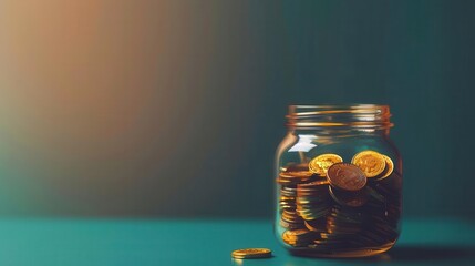 Glass jar filled with coins on a green background, representing savings and financial growth for personal finance concepts.