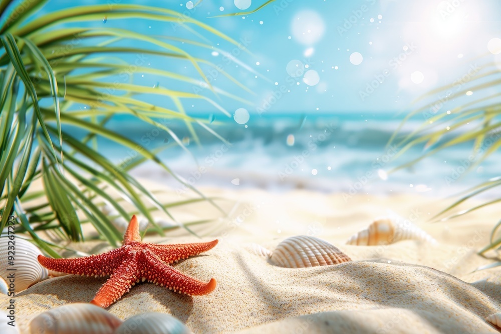 Wall mural sea star, green palm leaves arranged on pink background. summer holidays vacation concept. poster ba