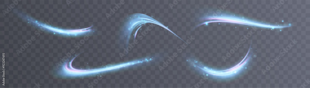 Poster Light and bright Twirl. Curved blue line light effect. High-speed light energy effect for game characters action